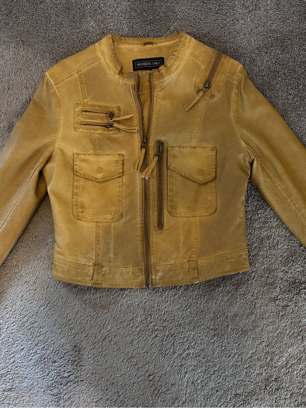 Members Only Tan Perforated Leather Bomber Jacket